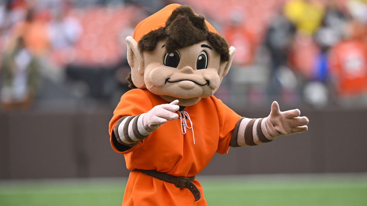 Cleveland Browns mascot Brownie the Elf walks on the field before an NFL preseason football game between the Browns and the Philadelphia Eagles, Sunday, Aug. 21, 2022. The Eagles won 21-20. (AP Photo/David Richard)