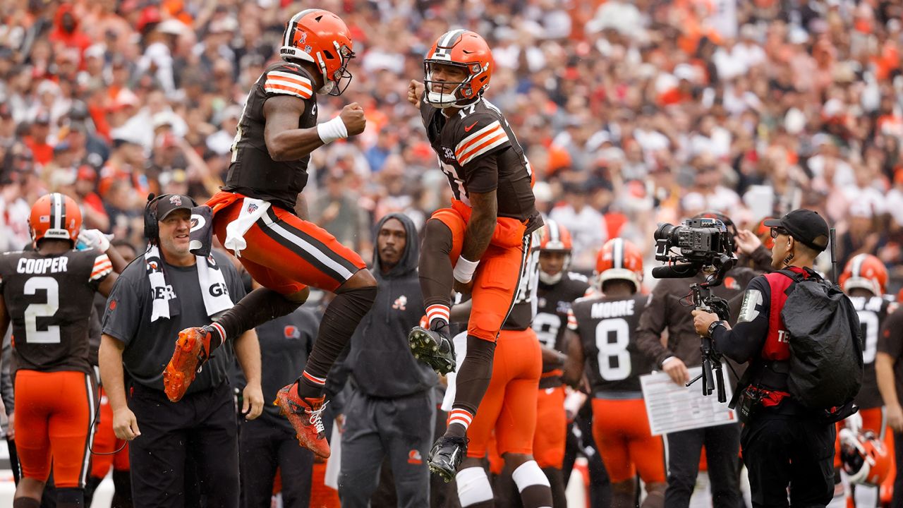 Cleveland Browns quarterback Deshaun Watson (4) celebrates with quarterback Dorian Thompson-Robinson (17) after scoring a touchdown during an NFL football game against the Cincinnati Bengals, Sunday, September 10, 2023, in Cleveland.