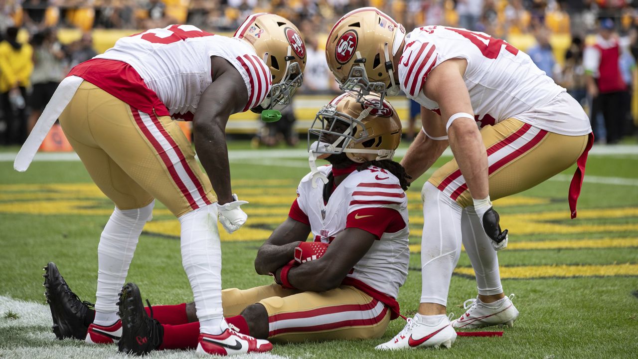 San Francisco 49ers wide receiver Brandon Aiyuk (11) reacts after catching a touchdown pass during an NFL football game, Sunday, Sept. 10, 2023, in Pittsburgh. (AP Photo/Matt Durisko)