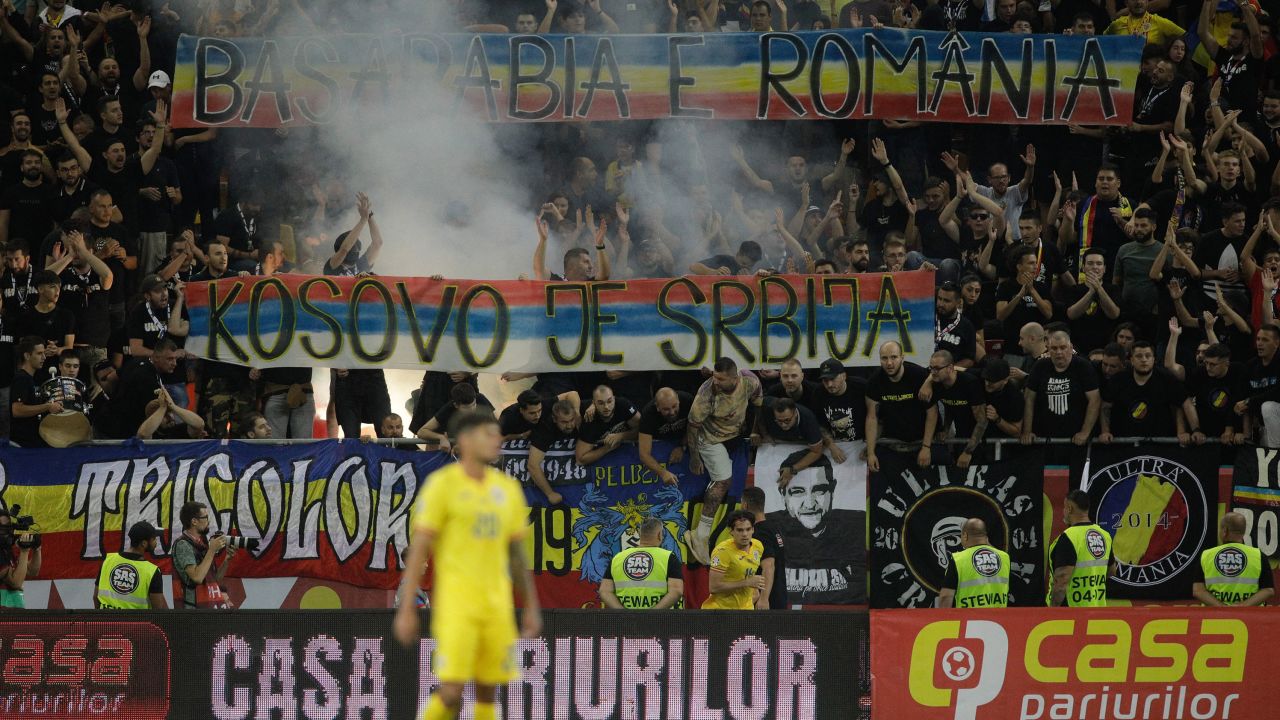 Soccer Football - Euro 2024 Qualifier - Group I - Romania v Kosovo - National Arena, Bucharest, Romania - September 12, 2023
Romania fans inside the stadium hold up banners which subsequently suspends play Inquam Photos via REUTERS/George Calin ROMANIA OUT. NO COMMERCIAL OR EDITORIAL SALES IN ROMANIA. THIS IMAGE HAS BEEN SUPPLIED BY A THIRD PARTY.