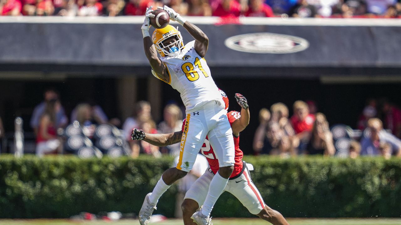 Sep 24, 2022; Athens, Georgia, USA; Kent State Golden Flashes wide receiver Devontez Walker (81) catches a pass in front of Georgia Bulldogs defensive back Javon Bullard (22) during the second half at Sanford Stadium. Mandatory Credit: Dale Zanine-USA TODAY Sports