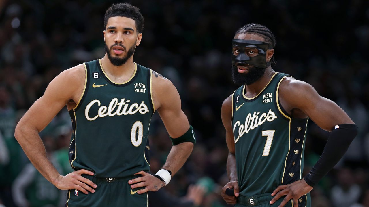 Boston, MA - May 9: Boston Celtics SF Jayson Tatum and SG Jaylen Brown stand next to each other in the second quarter. The Celtics lost to the Philadelphia 76ers, 115-103, in Game 5 of the 2023 Eastern Conference Semifinals. (Photo by Jim Davis/The Boston Globe via Getty Images)