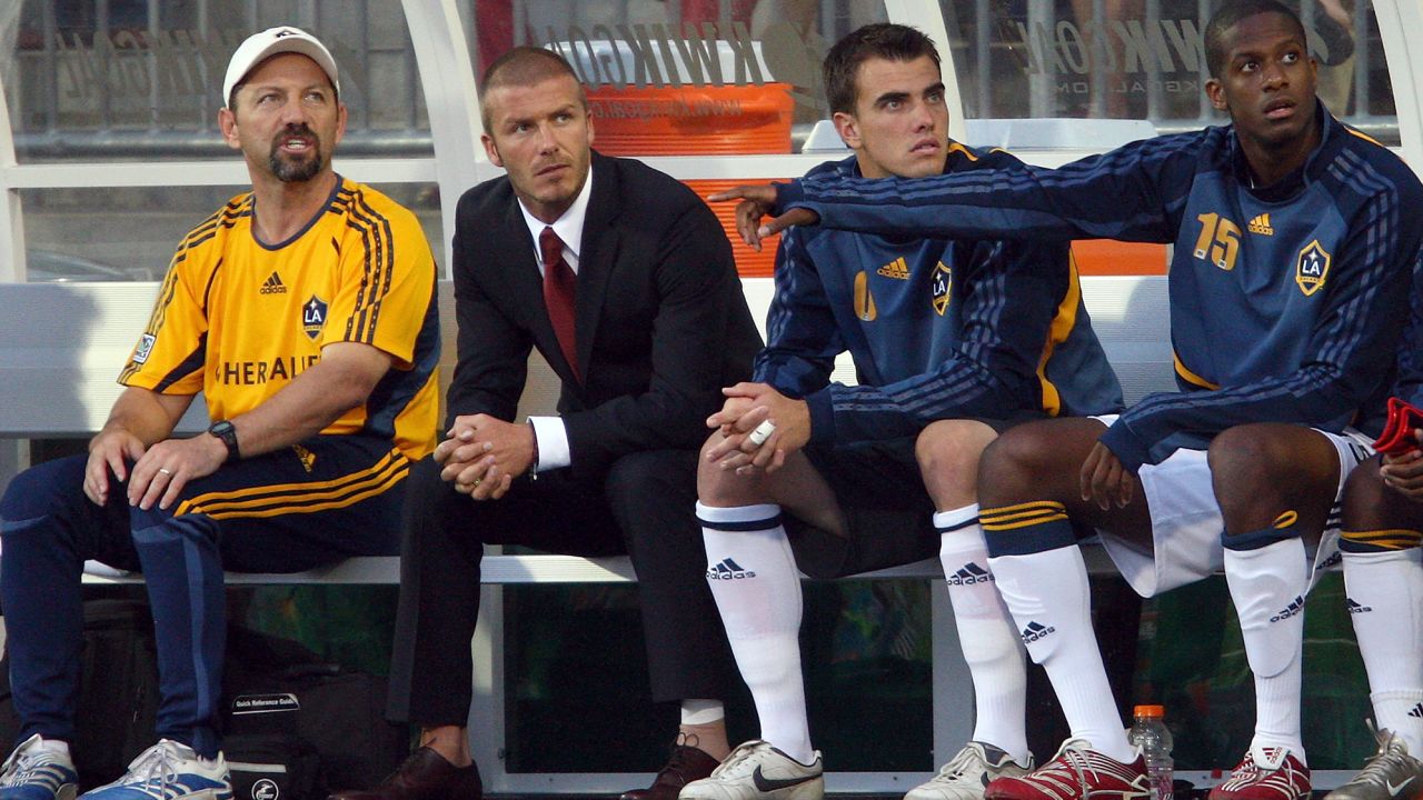 TORONTO - AUGUST 05:  David Beckham (2nd-L) #23,  Steve Cronin #0 and Quavas Kirk #15 of the Los Angeles watch from the bench as they take on Toronto FC at BMO Field on August 5, 2007 in Toronto, Ontario, Canada. Beckham sat the game out due to an ankle injury.  (Photo by Shaun Botterill/Getty Images)