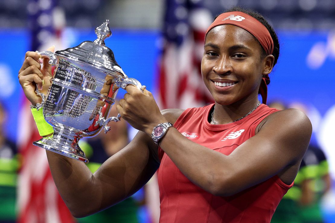 NEW YORK, NEW YORK - SEPTEMBER 09: Coco Gauff of the United States celebrates after defeating Aryna Sabalenka of Belarus in their Women's Singles Final match on Day Thirteen of the 2023 US Open at the USTA Billie Jean King National Tennis Center on September 09, 2023 in the Flushing neighborhood of the Queens borough of New York City. (Photo by Elsa/Getty Images)