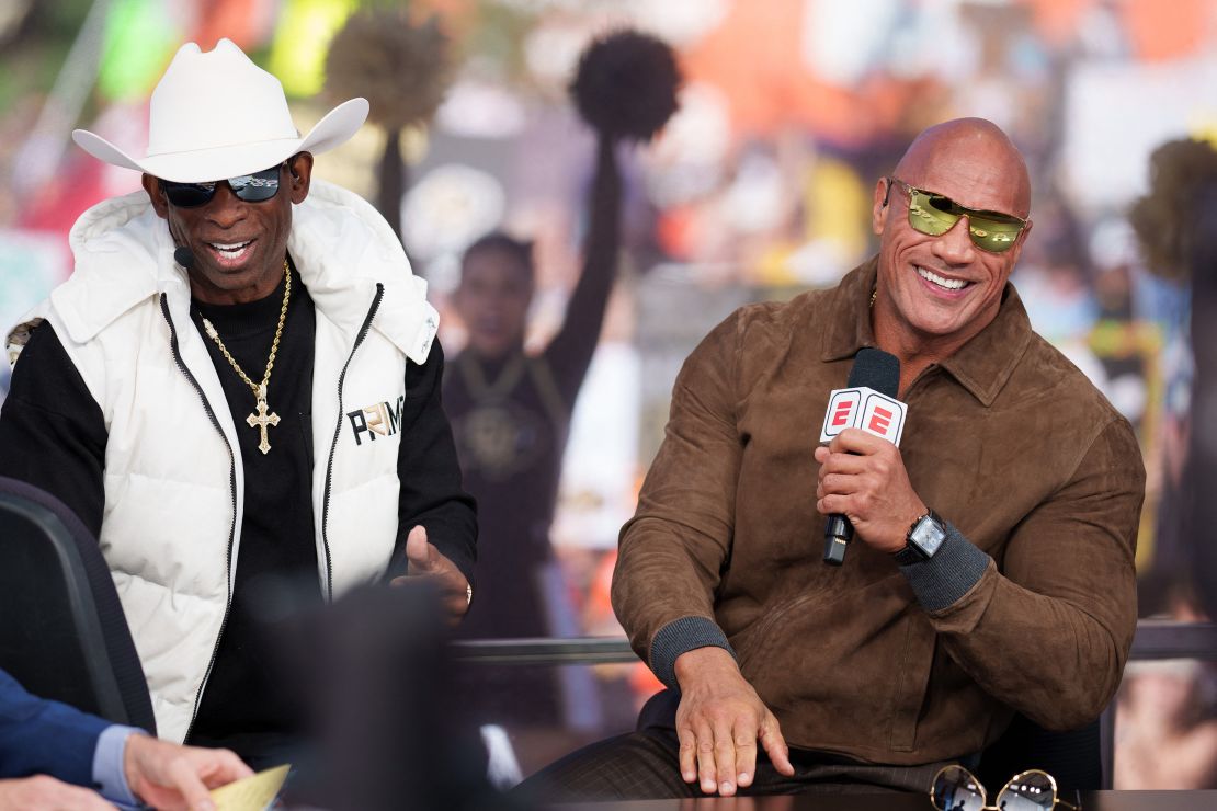 Sep 16, 2023; Boulder, Colorado, USA; Colorado Buffaloes head coach Deion Sanders and celebrity guest picker Dwayne Johnson on the set of ESPN College GameDay prior to the game between the Colorado Buffaloes and the Colorado State Rams at Folsom Field.