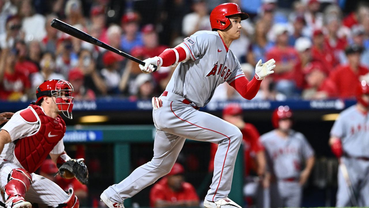 Aug 29, 2023; Philadelphia, Pennsylvania, USA; Los Angeles Angels designated hitter Shohei Ohtani (17) hits an RBI single against the Philadelphia Phillies in the fifth inning at Citizens Bank Park.