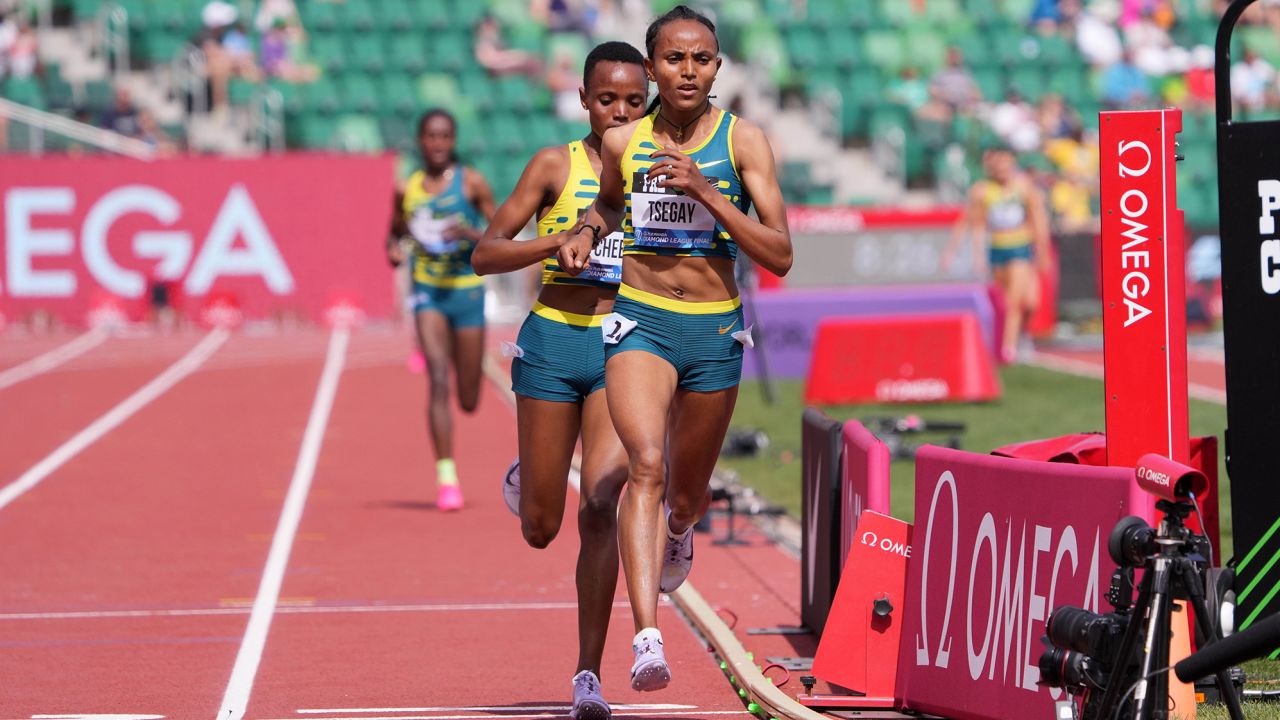 Sep 17, 2023; Eugene, OR, USA; Gudaf Tsegay (ETH) wins the women's 5,000m in a world record 14:00.21 during the Prefontaine Classic at Hayward Field. Mandatory Credit: Kirby Lee-USA TODAY Sports