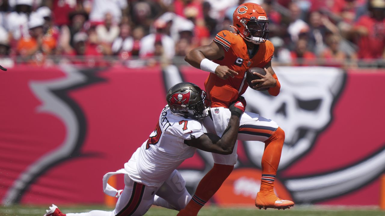 Tampa Bay Buccaneers linebacker Shaquil Barrett (7) sacks Chicago Bears quarterback Justin Fields (1) during an NFL preseason football game , Sunday, Sept. 17, 2023, in Tampa, Fla. (AP Photo/Peter Joneleit)