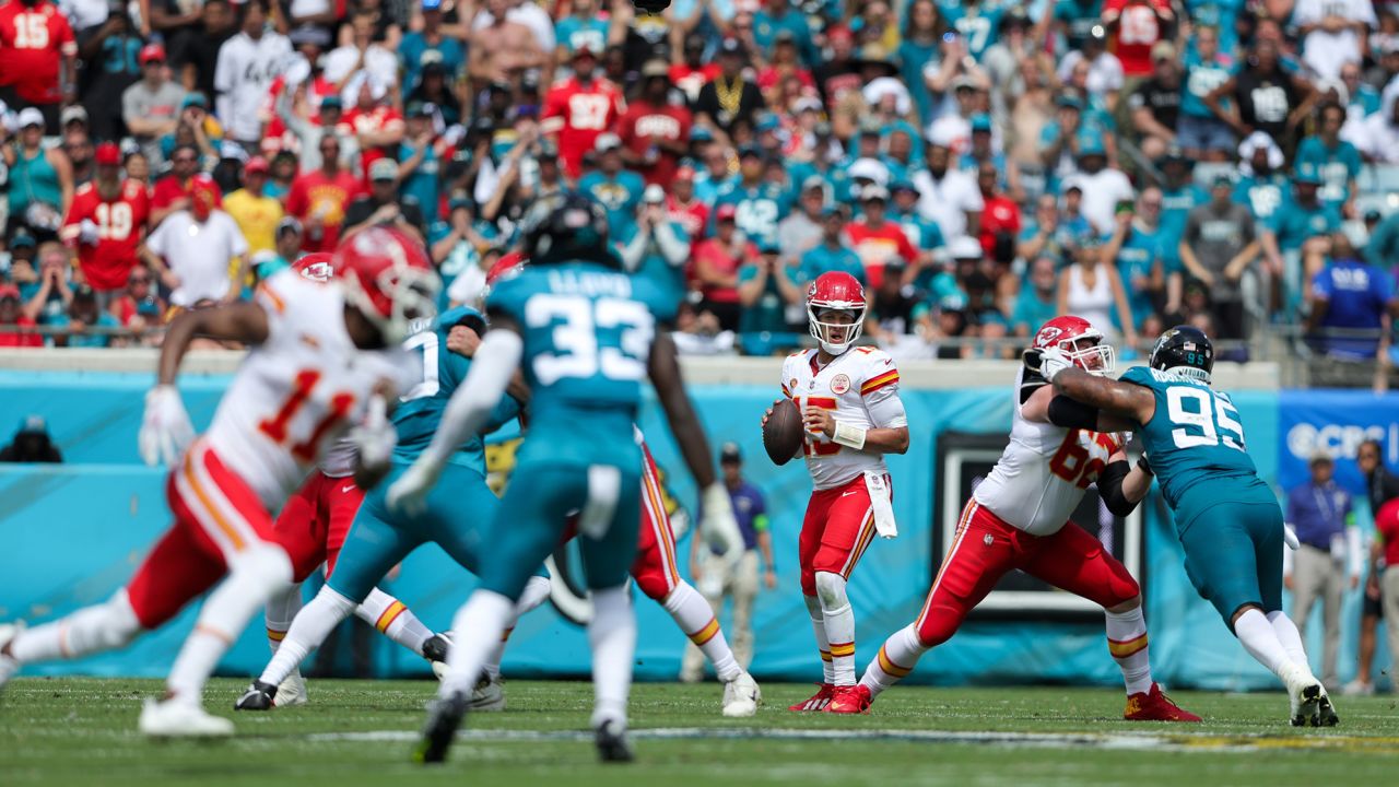 Sep 17, 2023; Jacksonville, Florida, USA;  Kansas City Chiefs quarterback Patrick Mahomes (15) drops back to pass against the Jacksonville Jaguars in the second quarter at EverBank Stadium. Mandatory Credit: Nathan Ray Seebeck-USA TODAY Sports