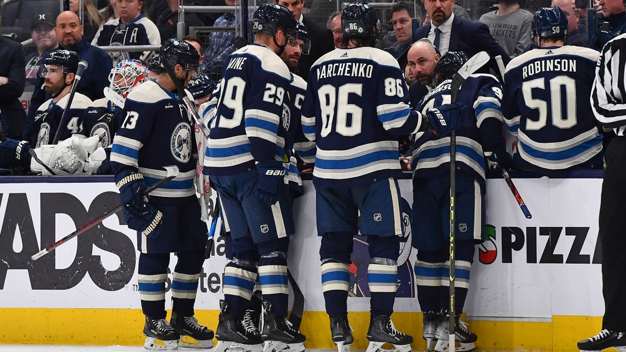 COLUMBUS, OHIO - FEBRUARY 23: Associate coach Pascal Vincent of the Columbus Blue Jackets talks with his players during a timeout in the third period of a game against the Minnesota Wild at Nationwide Arena on February 23, 2023 in Columbus, Ohio. (Photo by Ben Jackson/NHLI via Getty Images)