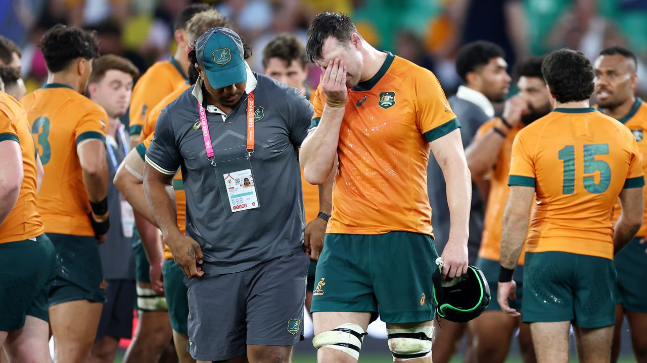 SAINT-ETIENNE, FRANCE - SEPTEMBER 17: Nick Frost of Australia looks dejected after the Rugby World Cup France 2023 match between Australia and Fiji at Stade Geoffroy-Guichard on September 17, 2023 in Saint-Etienne, France. (Photo by Chris Hyde/Getty Images)