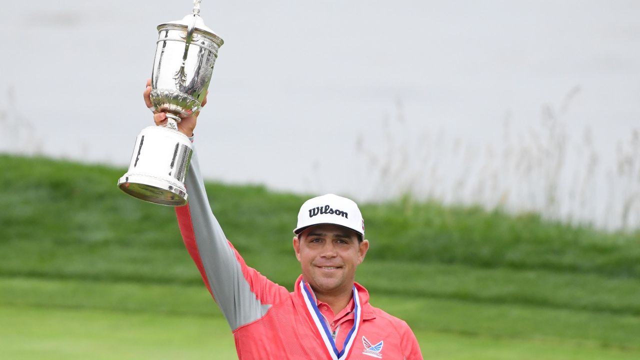 PEBBLE BEACH, CALIFORNIA - JUNE 16: Gary Woodland of the United States celebrates with the trophy after winning the 2019 U.S. Open at Pebble Beach Golf Links on June 16, 2019 in Pebble Beach, California. (Photo by Harry How/Getty Images)