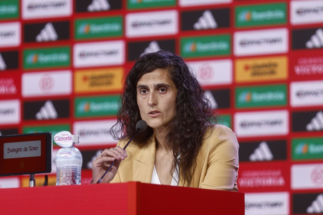 Mandatory Credit: Photo by Rodrigo Jimenez/EPA-EFE/Shutterstock (14107620f)
The new national coach Montse Tome offers a press conference to announce the players called up for the Nations League matches, in Madrid, Spain, 18 September 2023. The national women's team plays against Sweden on 22 September and against Switzerland on 26 September. The Spanish Football Federation (RFEF) urged the national team's players 'to join the change led' by the organization and guaranteed them 'a safe environment' for their return to the team, with the new coach, Montse Tome.
Montse Tome call up the Spanish women national team, Madrid, Spain - 18 Sep 2023