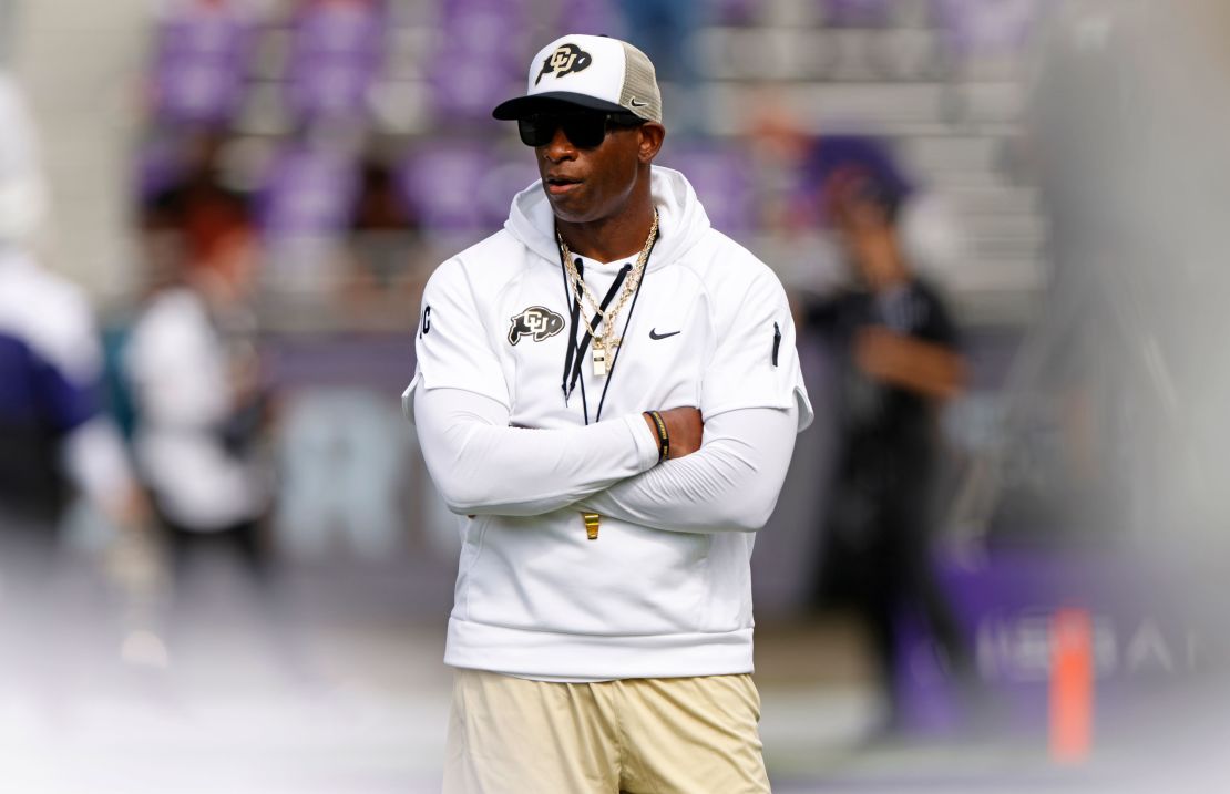 FORT WORTH, TX - SEPTEMBER 2: Head coach Deion Sanders of the Colorado Buffaloes walks the field before the game between the TCU Horned Frogs and the Colorado Buffaloes at Amon G. Carter Stadium on September 2, 2023 in Fort Worth, Texas. (Photo by Ron Jenkins/Getty Images)