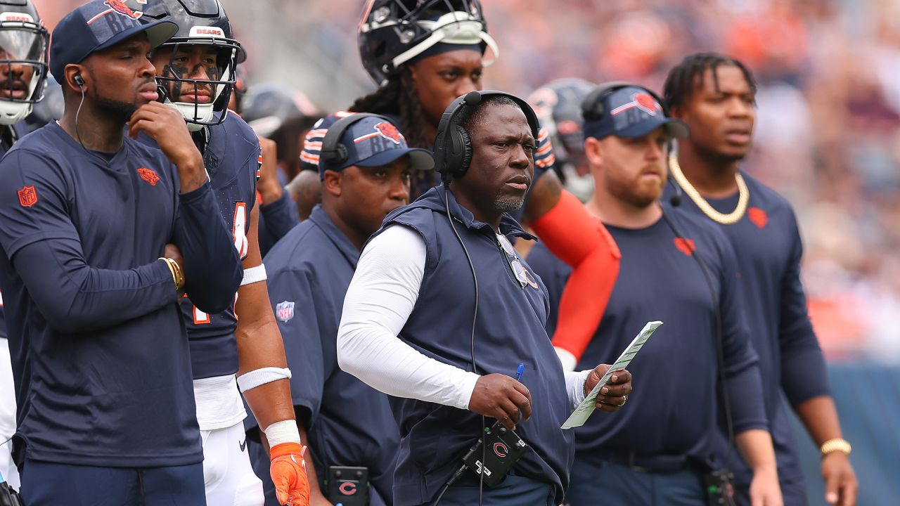 Defensive coordinator Alan Williams of the Chicago Bears looks on against the Buffalo Bills during the first half of a preseason game at Soldier Field on August 26, 2023 in Chicago, Illinois.