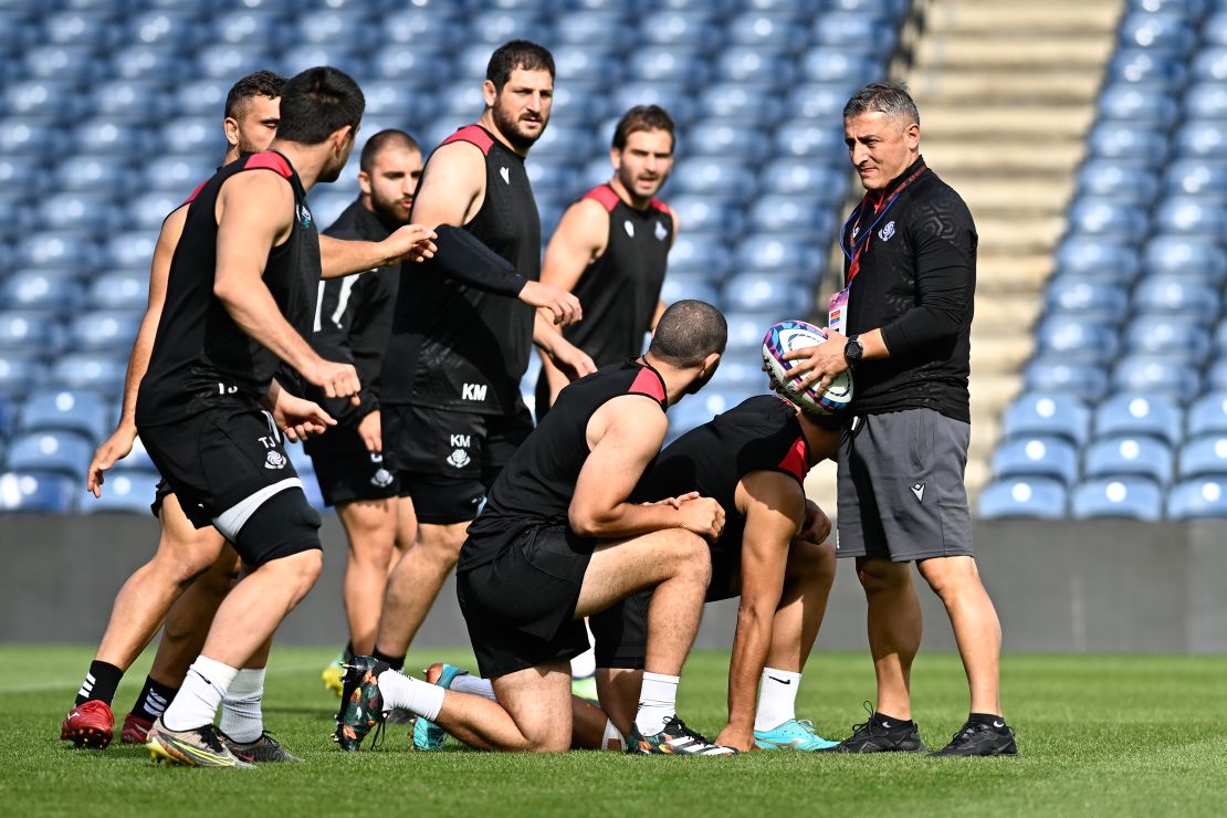 Levan Maisashvili, head coach of Georgia, gives instructions during the Georgian rugby Captain run at BT Murrayfield Stadium on August 25, 2023 in Edinburgh, Scotland.