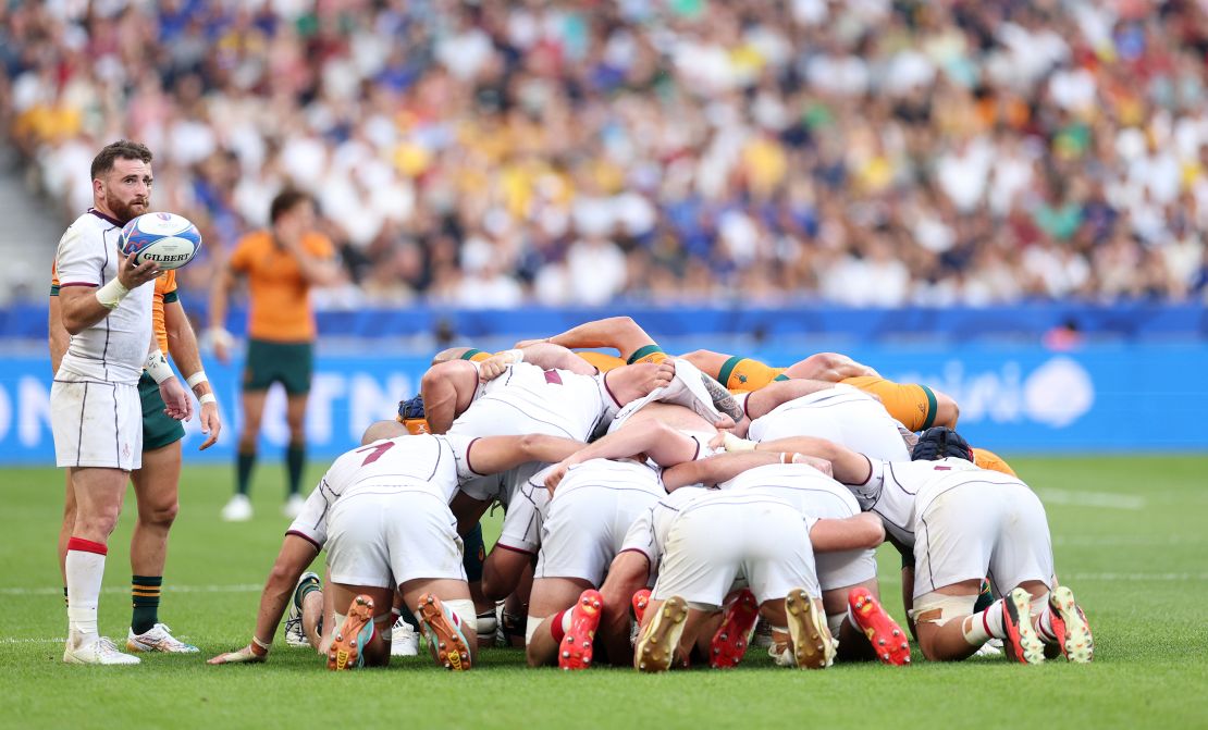 PARIS, FRANCE - SEPTEMBER 09: Vasil Lobzhanidze of Georgia prepares to feed the scrum during the Rugby World Cup France 2023 match between Australia and Georgia at Stade de France on September 09, 2023 in Paris, France. (Photo by Warren Little/Getty Images)