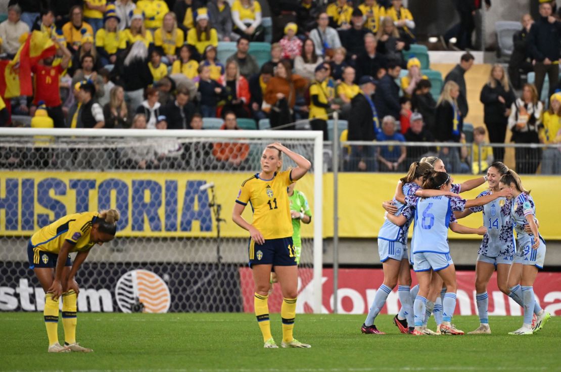 Spain's players celebrate after the UEFA women's Nation League football match Sweden vs Spain in Gothenburg, on September 22, 2023. (Photo by Jonathan NACKSTRAND / AFP) (Photo by JONATHAN NACKSTRAND/AFP via Getty Images)