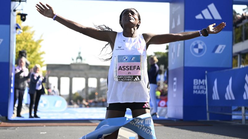 Tigist Assefa obliterates women’s marathon world record in Berlin while Eliud Kipchoge makes history