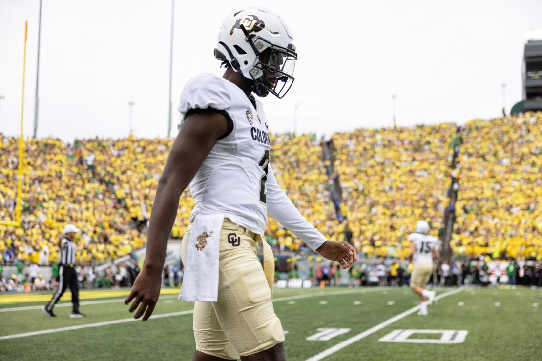 Quarterback Shedeur Sanders #2 of the Colorado Buffaloes walks off the field against the Oregon Ducks at Autzen Stadium on September 23, 2023 in Eugene, Oregon.