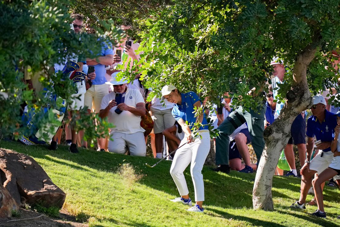 Carlota Ciganda of Team Europe plays her shot on the 15th hole during Day Three of The Solheim Cup at Finca Cortesin Golf Club on September 24, 2023 in Casares, Spain.