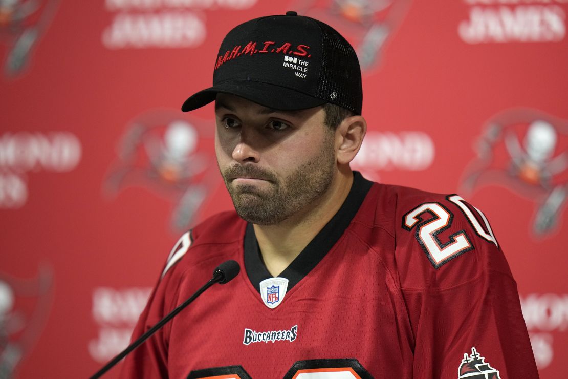 Tampa Bay Buccaneers' Baker Mayfield pauses while speaking after an NFL football game against the Philadelphia Eagles, Monday, Sept. 25, 2023, in Tampa, Fla. (AP Photo/Chris O'Meara)