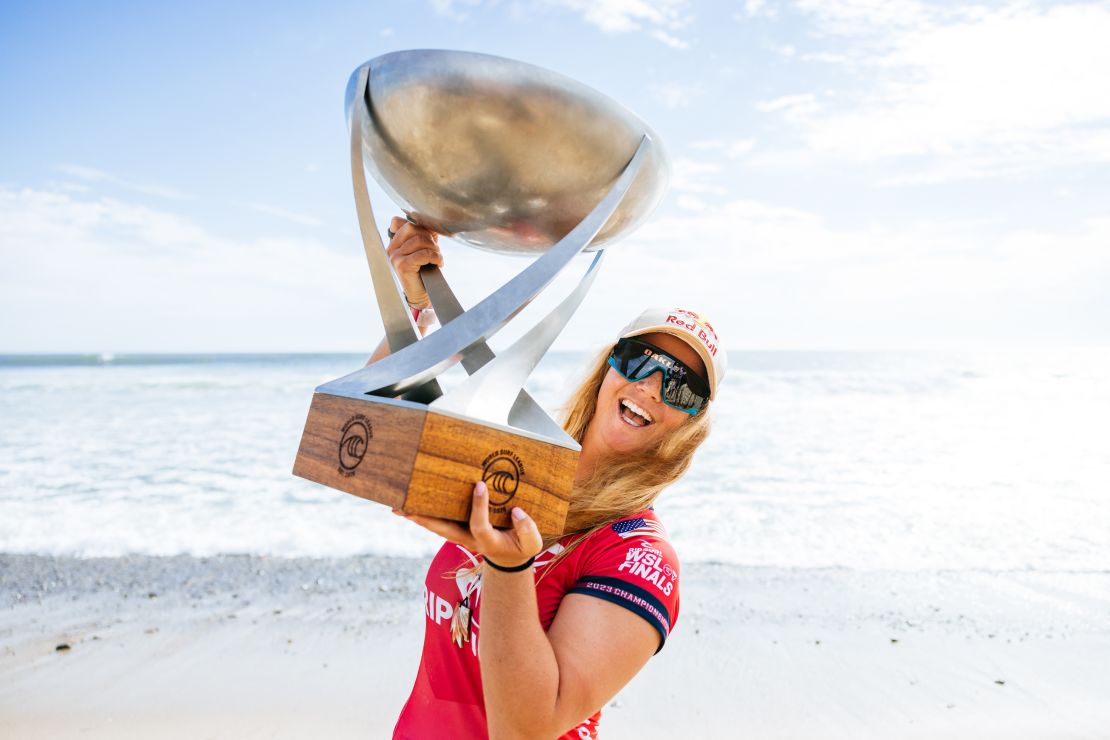 LOWER TRESTLES, CALIFORNIA, UNITED STATES - SEPTEMBER 9: Caroline Marks of the United States after winning the 2023 World Title at the Rip Curl WSL Finals on September 9, 2023 at Lower Trestles, California, United States. (Photo by Pat Nolan/World Surf League via Getty Images)