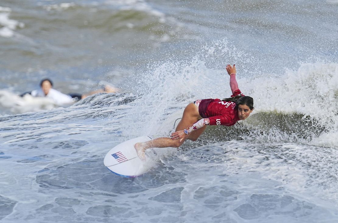 Caroline Marks of the United States competes in the bronze medal match of the women's surfing at the Tokyo Olympics on July 27, 2021, at Tsurigasaki Surfing Beach in Ichinomiya in Chiba Prefecture, eastern Japan. (Kyodo)(SELECTION)
==Kyodo
(Photo by Kyodo News via Getty Images)