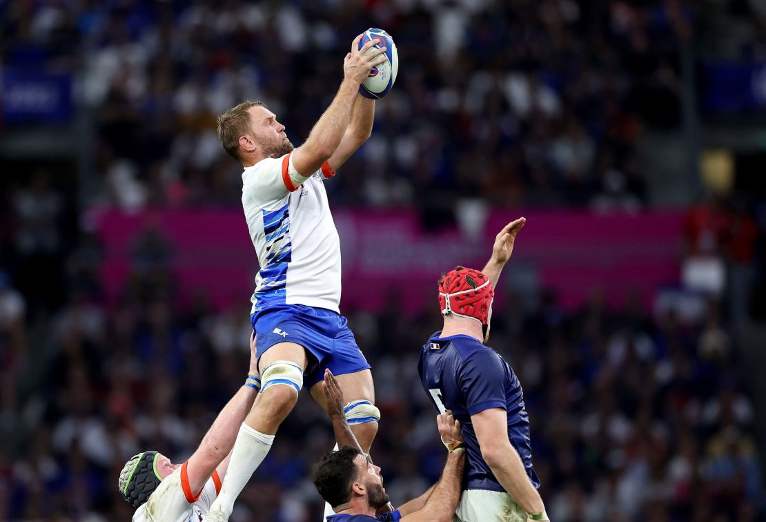 Johan Retief of Namibia wins the ball in a lineout during the Rugby World Cup match between France and Namibia at Stade Velodrome in Marseille, France on September 21, 2023.