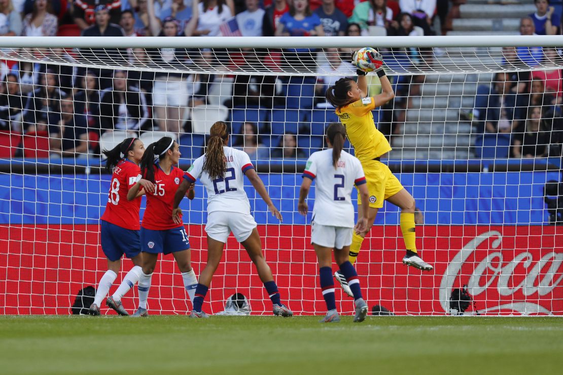 Jun 16, 2019; Paris, FRANCE; Chile goalkeeper Christiane Endler (1) makes a save against the the United States in group stage play during the FIFA Women's World Cup France 2019 at Parc des Princes. Mandatory Credit: Michael Chow-USA TODAY Sports