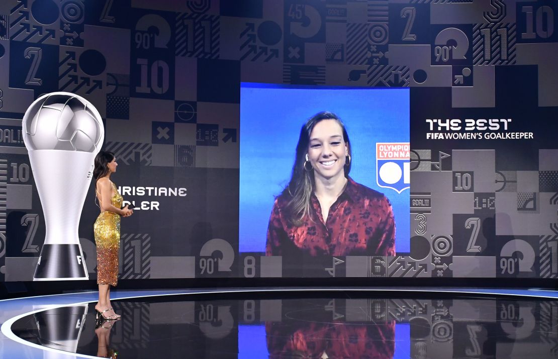 ZURICH, SWITZERLAND - JANUARY 17: The Best FIFA Women's Goalkeeper 2021 award winner Christiane Endler and presenter Reshmin Chowdhury during the Best FIFA Football Awards 2021 on January 17, 2022 in Zurich, Switzerland. (Photo by Harold Cunningham/FIFA)