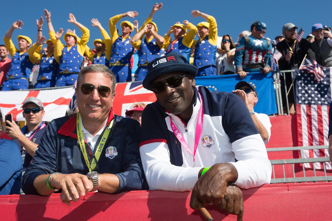 CHASKA, MINNESOTA - OCTOBER 1: Michael Jordan and friend pose for a photo on the first tee during the fourball matches for the 41st Ryder Cup at Hazeltine National Golf Course on October 1, 2016 in Chaska, MN. (Photo by Montana Pritchard/PGA of America via Getty Images)