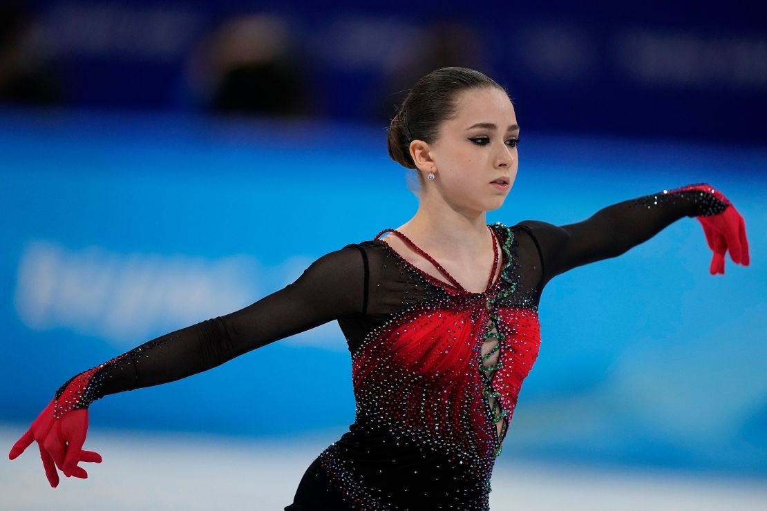 Kamila Valieva, of the Russian Olympic Committee, competes in the women's free skate program during the figure skating competition at the 2022 Winter Olympics, Thursday, Feb. 17, 2022, in Beijing. (AP Photo/David J. Phillip)