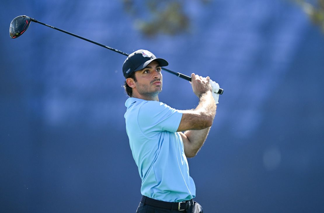 Rome , Italy - 27 September 2023; Formula One driver Carlos Sainz watches his tee shot on the 14th hole during the All-Star Match before the 2023 Ryder Cup at Marco Simone Golf and Country Club in Rome, Italy. (Photo By Brendan Moran/Sportsfile via Getty Images)