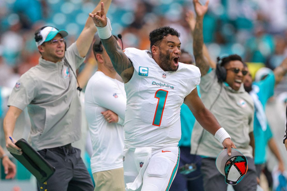 Sep 24, 2023; Miami Gardens, Florida, USA;  Miami Dolphins reacts after a touchdown  by wide receiver Robbie Chosen (3) (not pictured) against the Denver Broncos in the fourth quarter at Hard Rock Stadium. Mandatory Credit: Nathan Ray Seebeck-USA TODAY Sports     TPX IMAGES OF THE DAY