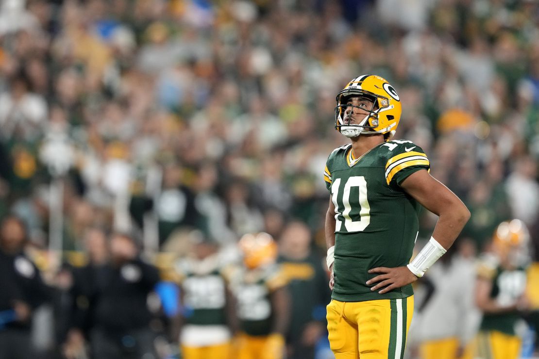 GREEN BAY, WISCONSIN - SEPTEMBER 28: Jordan Love #10 of the Green Bay Packers reacts against the Detroit Lions during the third quarter in the game at Lambeau Field on September 28, 2023 in Green Bay, Wisconsin. (Photo by Patrick McDermott/Getty Images)