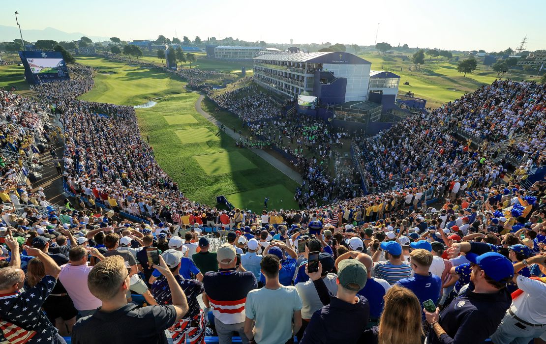 Rory McIlroy of Northern Ireland and The European Team plays his tee shot on the first hole in his match with Tommy Fleetwood against Xander Schauffele and Patrick Cantlay during the Friday morning foursomes matches of the 2023 Ryder Cup at Marco Simone Golf Club on September 29, 2023 in Rome, Italy.