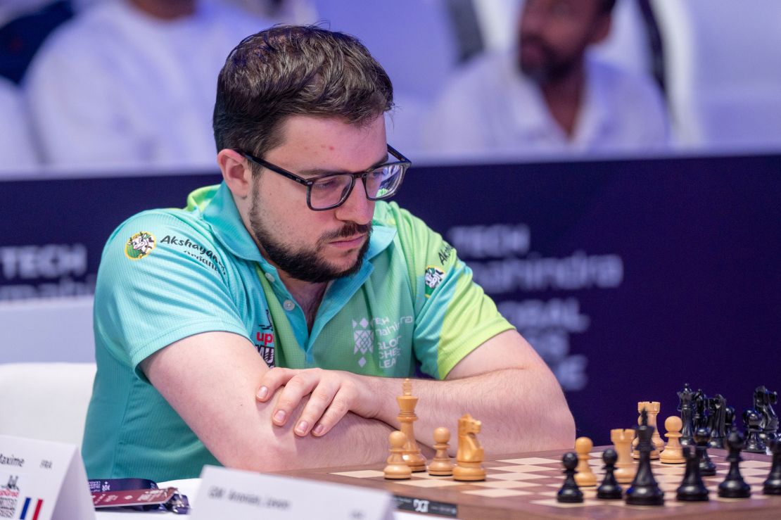 DUBAI, UAE - JULY 02: Maxime Vachier-Lagrave of France from upGrad Mumba Masters team competes with Levon Aronian (not seen) of USA from Triveni Continental Kings team during final matches of Global Chess League 2023 in Dubai, United Arab Emirates on July 02, 2023. (Photo by Waleed Zein/Anadolu Agency via Getty Images)