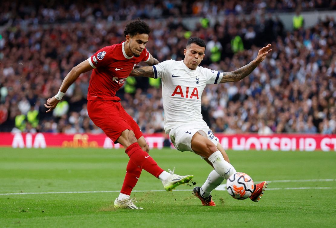 Soccer Football - Premier League - Tottenham Hotspur v Liverpool - Tottenham Hotspur Stadium, London, Britain - September 30, 2023
Liverpool's Luis Diaz scores a goal that is later disallowed Action Images via Reuters/Peter Cziborra NO USE WITH UNAUTHORIZED AUDIO, VIDEO, DATA, FIXTURE LISTS, CLUB/LEAGUE LOGOS OR 'LIVE' SERVICES. ONLINE IN-MATCH USE LIMITED TO 45 IMAGES, NO VIDEO EMULATION. NO USE IN BETTING, GAMES OR SINGLE CLUB/LEAGUE/PLAYER PUBLICATIONS.