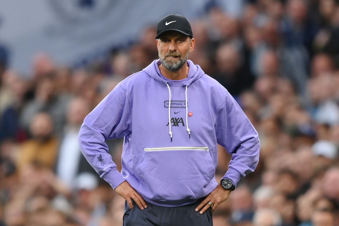 LONDON, ENGLAND - SEPTEMBER 30: Juergen Klopp, Manager of Liverpool, looks dejected during the Premier League match between Tottenham Hotspur and Liverpool FC at Tottenham Hotspur Stadium on September 30, 2023 in London, England. (Photo by Justin Setterfield/Getty Images)