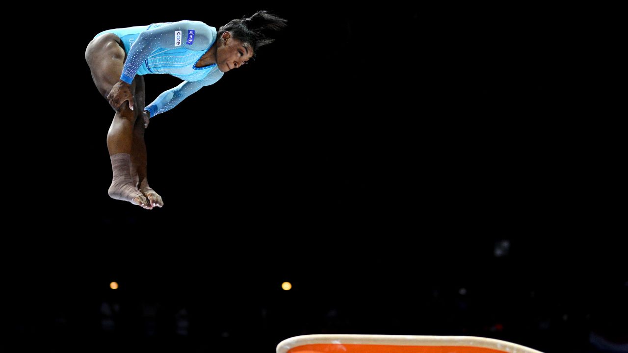 Simone Biles of Team United States competes on Vault during Women's Qualifications on Day Two of the FIG Artistic Gymnastics World Championships at the Antwerp Sportpaleis on October 01, 2023 in Antwerp, Belgium.