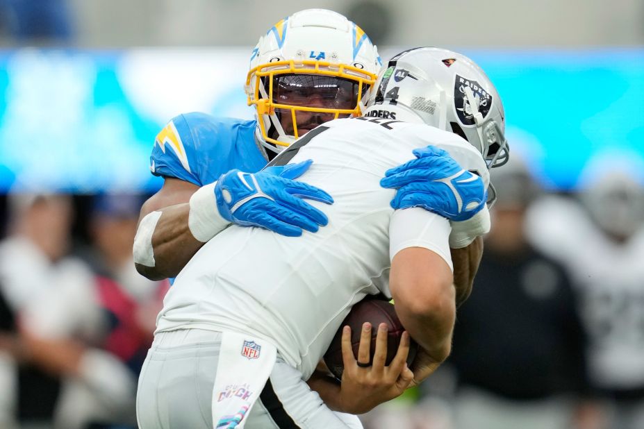 Los Angeles Chargers linebacker Khalil Mack sacks Las Vegas Raiders quarterback Aidan O'Connell during the Chargers' 24-17 victory on October 1.