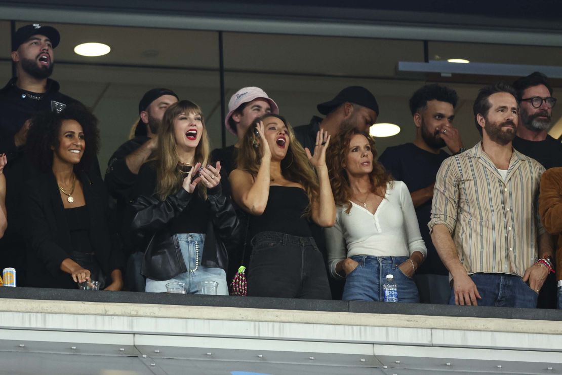 EAST RUTHERFORD, NJ - OCTOBER 1: Taylor Swift and Blake Lively cheer from the stands during an NFL football game between the New York Jets and the Kansas City Chiefs at MetLife Stadium on October 1, 2023 in East Rutherford, New Jersey. (Photo by Kevin Sabitus/Getty Images)