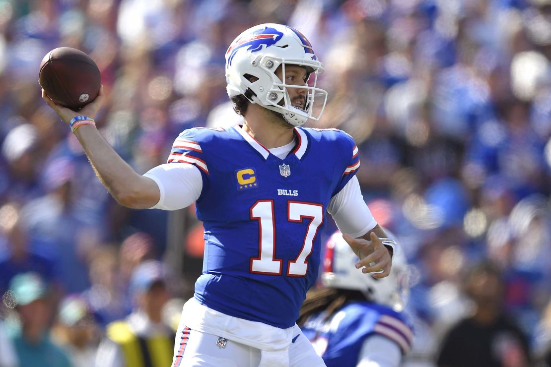 Buffalo Bills quarterback Josh Allen passes during the first half of an NFL football game against the Miami Dolphins, Sunday, Oct. 1, 2023, in Orchard Park, N.Y. (AP Photo/Adrian Kraus)