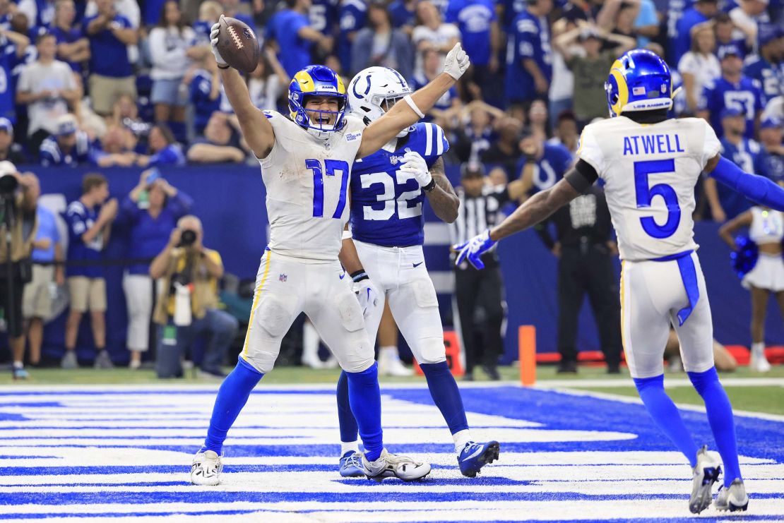 INDIANAPOLIS, INDIANA - OCTOBER 01: Puka Nacua #17 of the Los Angeles Rams celebrates a walk-off game-winning touchdown against the Indianapolis Colts during the fourth quarter at Lucas Oil Stadium on October 01, 2023 in Indianapolis, Indiana. (Photo by Justin Casterline/Getty Images)