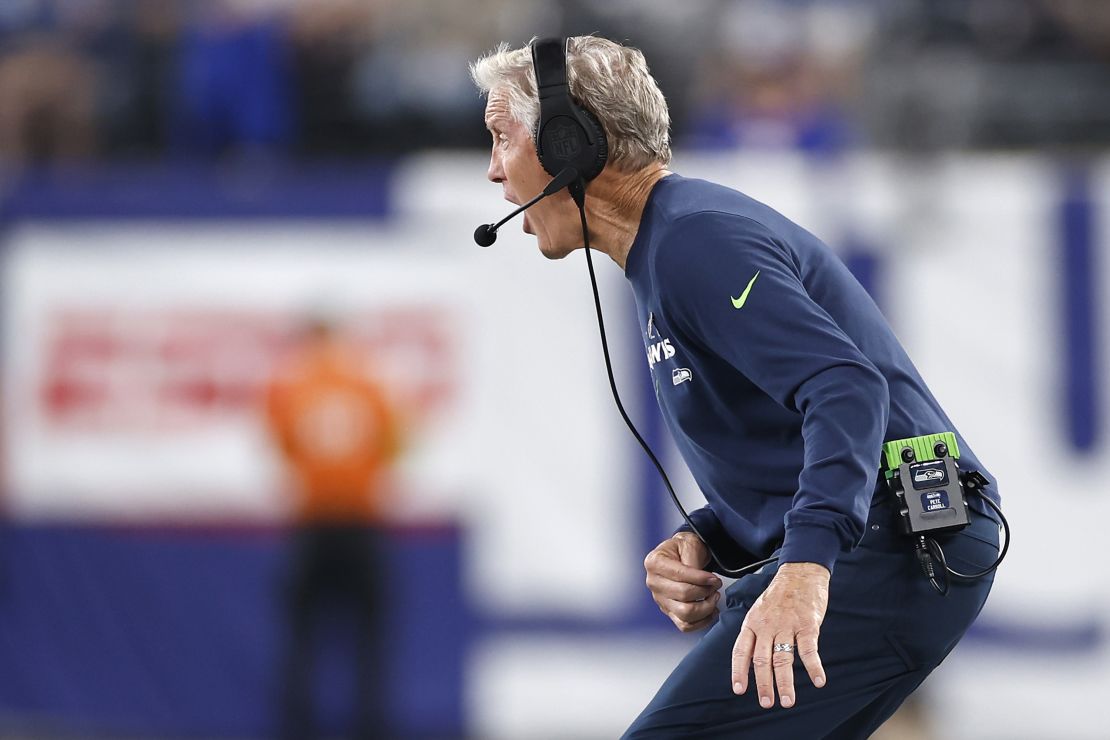 EAST RUTHERFORD, NEW JERSEY - OCTOBER 02: Head coach Pete Carroll of the Seattle Seahawks reacts during the second half against the New York Giants at MetLife Stadium on October 02, 2023 in East Rutherford, New Jersey. (Photo by Sarah Stier/Getty Images)