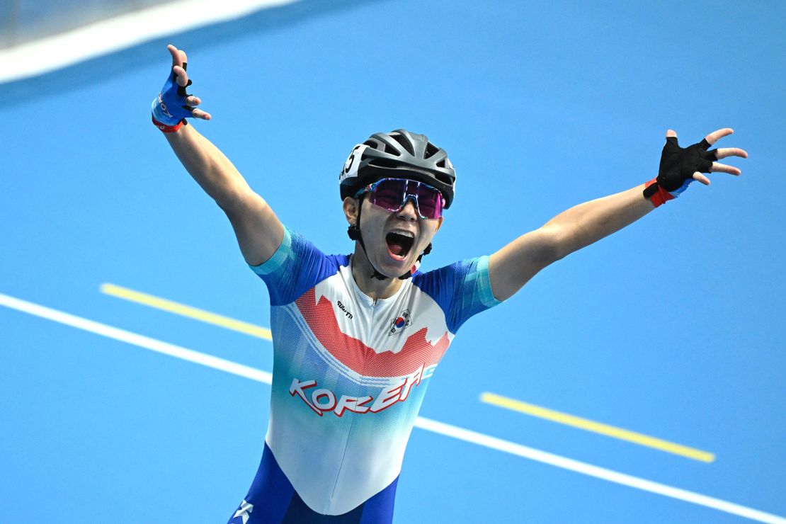 South Korea's Jung Cheol-won reacts after crossing the finish line in the men's final of the speed skating 3000m relay race during the 2022 Asian Games in Hangzhou in China's eastern Zhejiang province on September October 2, 2023. (Photo by WANG Zhao / AFP) (Photo by WANG ZHAO/AFP via Getty Images)