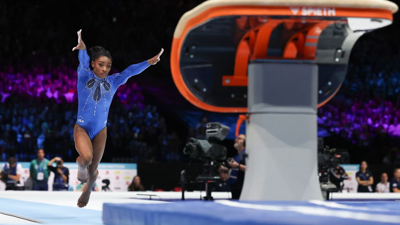 United States' Simone Biles competes on the vault during the women's all-round final at the Artistic Gymnastics World Championships in Antwerp, Belgium, Friday, Oct. 6, 2023. (AP Photo/Geert vanden Wijngaert)