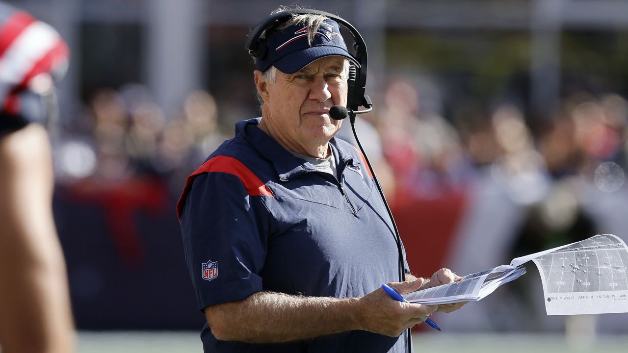 New England Patriots head coach Bill Belichick during the second half of an NFL football game against the New Orleans Saints, Sunday, Oct. 8, 2023, in Foxborough, Mass. (AP Photo/Michael Dwyer)