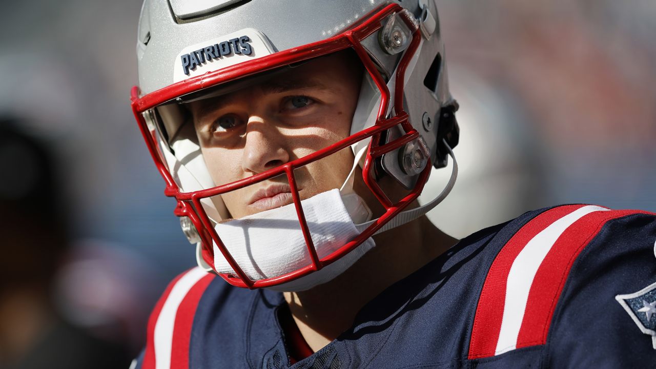 New England Patriots quarterback Mac Jones after being benched during the second half of an NFL football game against the New Orleans Saints, Sunday, Oct. 8, 2023, in Foxborough, Mass. (AP Photo/Michael Dwyer)